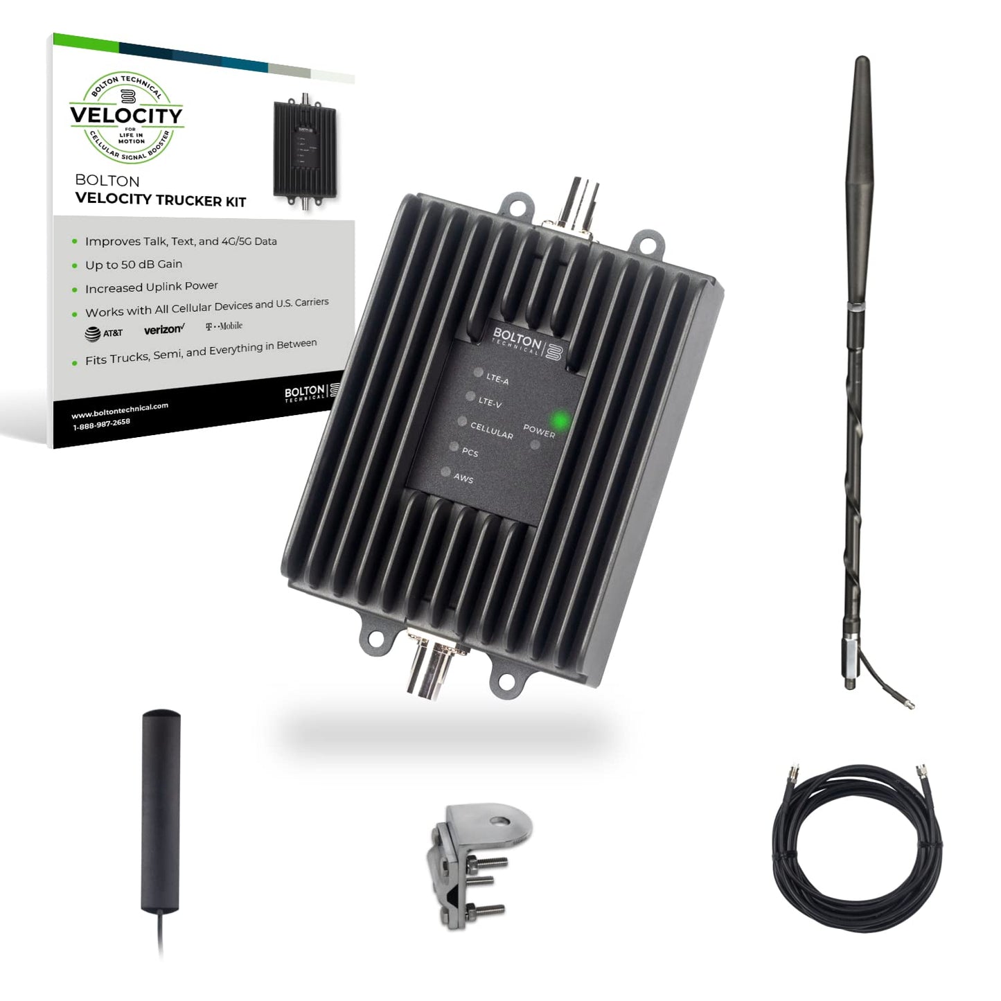 Bolton Technical Velocity Trucker | Amplificador de señal para teléfono celular de vehículo | 5G/4G LTE | | Ganancia de 50 dB | Antena Omni de montaje magnético | Impulsa a AT&T, Verizon, T-Mobile y más | Aprobado por la FCC (BT459624-T)