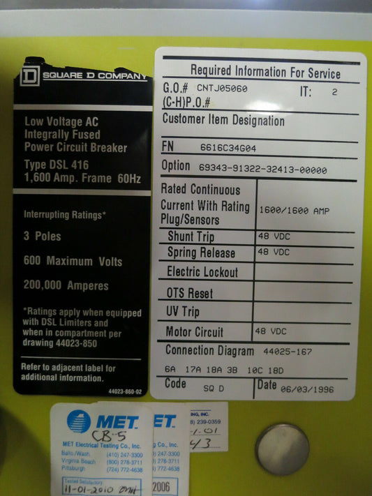 New Square D DSL-416 1600A LSI EO Breaker Digitrip RMS 810D Westinghouse DSL416