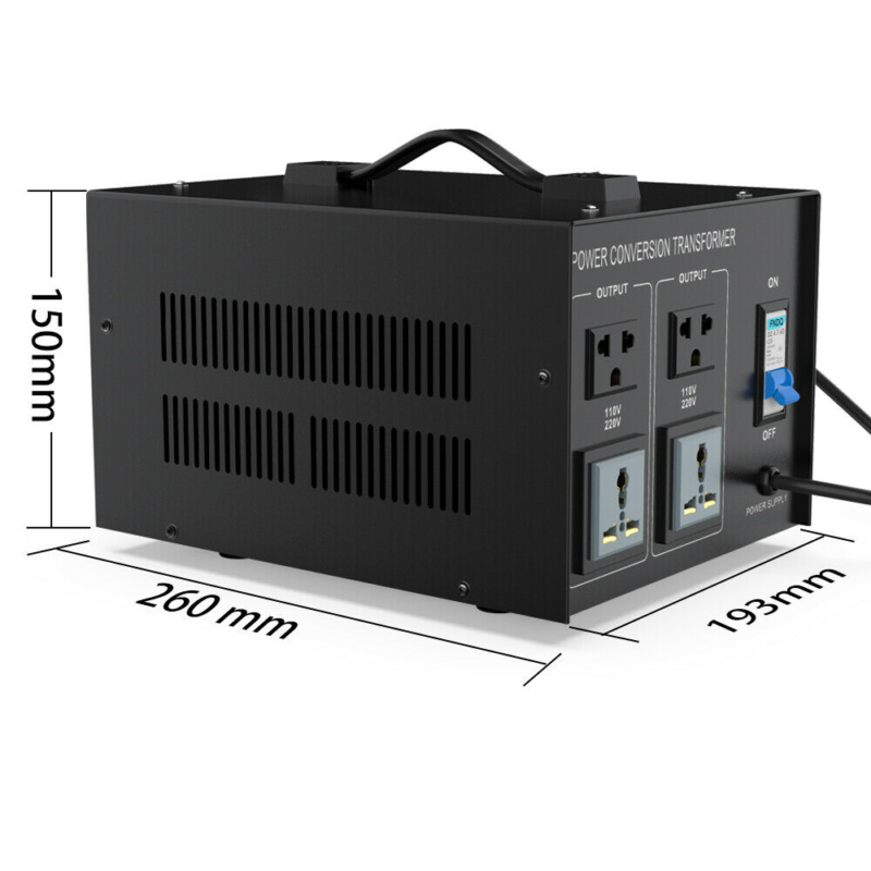 8000W CONVERTIDOR DE VOLTAJE 110v-220v Y 220v-110v - 4 OUTLETS CON AGARRADERA E INTERRUPTOR