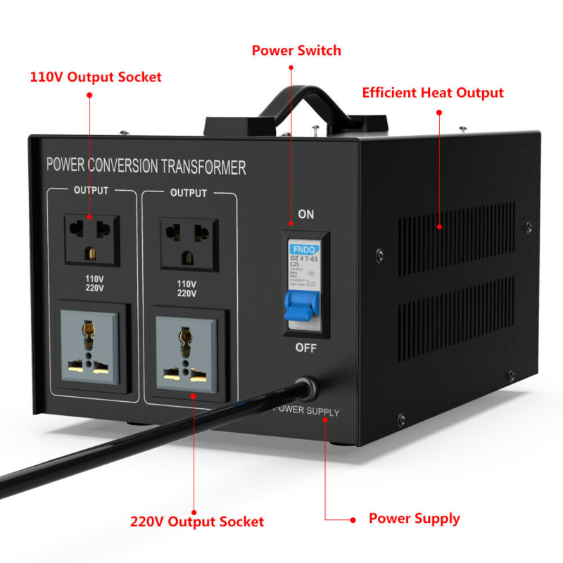 8000W CONVERTIDOR DE VOLTAJE 110v-220v Y 220v-110v - 4 OUTLETS CON AGARRADERA E INTERRUPTOR