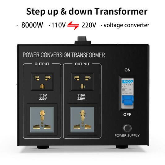 8000W CONVERTIDOR DE VOLTAJE 110v-220v Y 220v-110v - 4 OUTLETS CON AGARRADERA E INTERRUPTOR