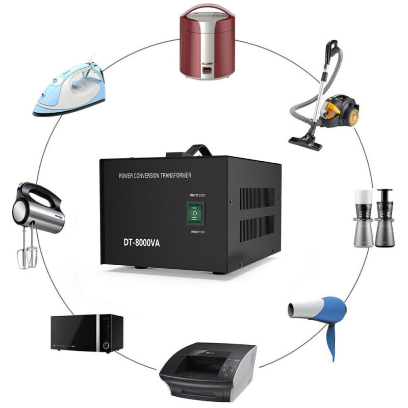 8000W CONVERTIDOR DE VOLTAJE 110v-220v Y 220v-110v - 4 OUTLETS CON AGARRADERA E INTERRUPTOR