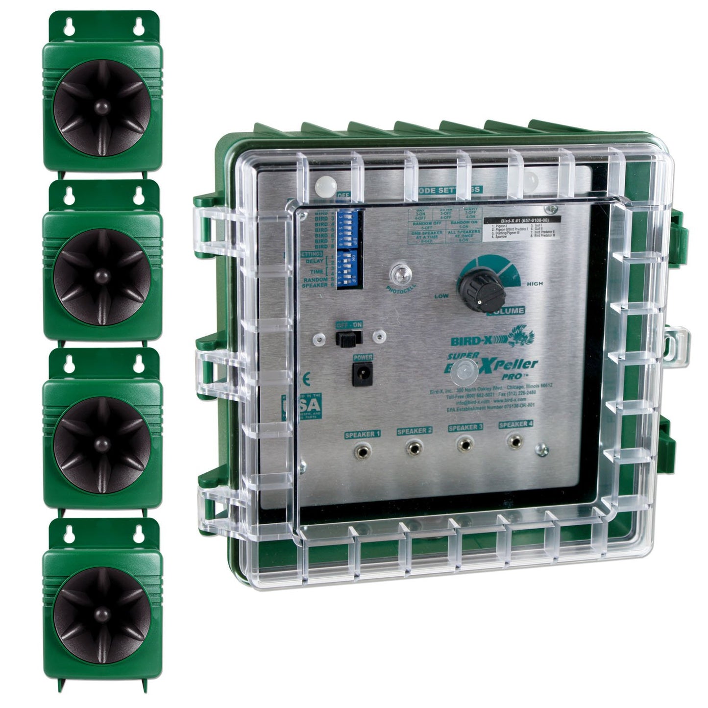 Bird-X BirdXPeller PRO Modelo 1 - Repelente de pájaros sónico, cubre 6 acres (piñones, estorninos, gorriones y gaviotas) SBXP-PRO-1