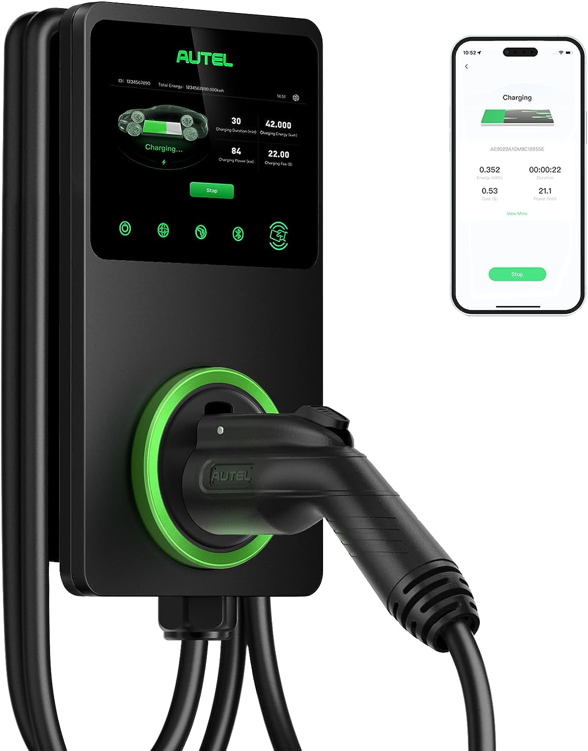 Autel Smart Level 2 Cargador eléctrico para vehículo (EV) de hasta 50 amperios, 240 V, estación de carga con cable para coche con visualización táctil LCD, Energy Star, CSA, Bluetooth, Wi-Fi, Ethernet, 4G, AEUS-106000767E-BK-001