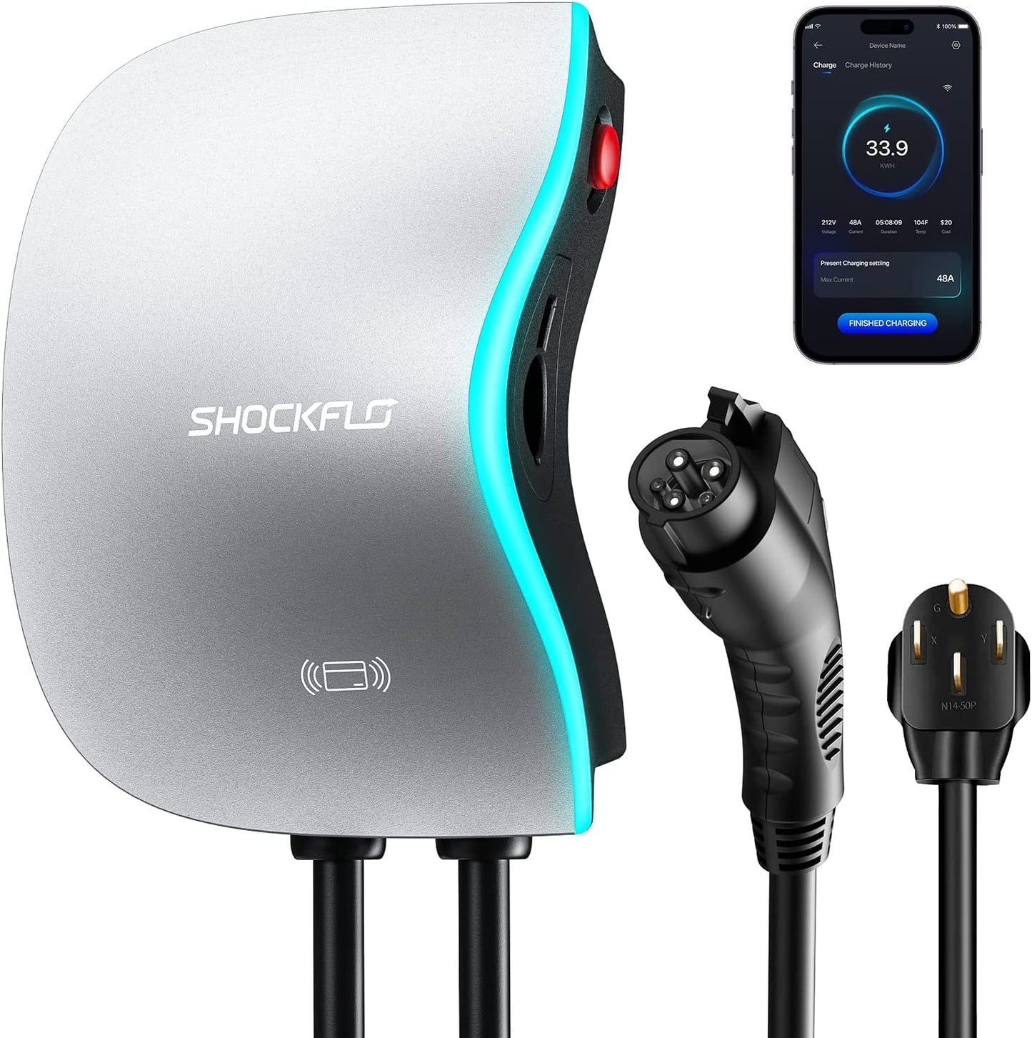 ShockFlo 48A EV Charger, Level 2 Electric Vehicle Charging Station, NEMA 14-50 Plug or Hardwired EV Charging Station, Wi-Fi and Bluetooth Enabled EVSE Indoor/Outdoor Use with 17ft Cable and RFID Card