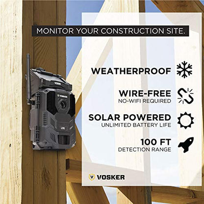 Vosker - Cámara de seguridad inalámbrica V200 LTE para exteriores, panel solar integrado, resistente a la intemperie, no requiere Wi-Fi, cámara de vigilancia HD activada por movimiento, notificaciones de pulsación de teléfono celular