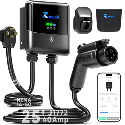 Cargador EV de nivel 2 40Amp 240V 9.6kW - Estación de carga inteligente de pared de 25 pies para el hogar, J1772 NEMA 14-50, con cubierta de puerto de cargador EV impermeable, tarjeta RFID