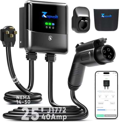 Cargador EV de nivel 2 40Amp 240V 9.6kW - Estación de carga inteligente de pared de 25 pies para el hogar, J1772 NEMA 14-50, con cubierta de puerto de cargador EV impermeable, tarjeta RFID