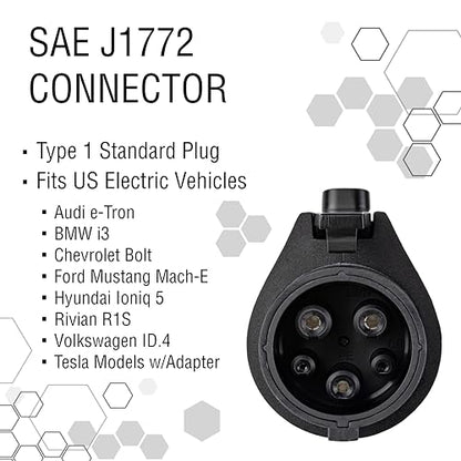 Cable de repuesto para estación de carga EV de nivel 2 – 40A SAE J1772, cable de carga universal tipo 1 de 20 pies, resistente, resistente al agua IP67, certificado UL, fácil de instalar