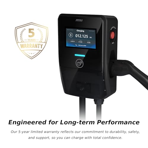 MSI EV Premium Tipo 1 (J1772) cableado, cargador de nivel 2, 240V, 60A, 14.4 kW, clasificación IP55, resistente al agua y al polvo, IK08 resistente a los impactos, certificado UL2594, Energy Star,
