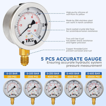 Kit de prueba de presión hidráulica, 5 indicadores (10/100/250/400/600bar) 60mpa 13 acoplamientos de prueba, 14 conectores en T, 5 mangueras de prueba con estuche de transporte portátil