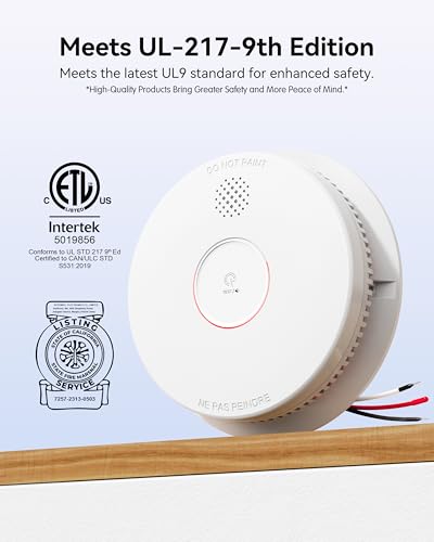 SITERWELL Detector de humo, detector de humo interconectado con cable, alarma de humo fotoeléctrica con batería de reserva de 9 V, alarma de incendio con botón de prueba/silencio, listado UL217-9