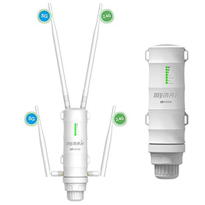 AC1200 Extensor de malla WiFi de largo alcance para exteriores con puerto Ethernet y 4 antenas, MyMAX WN572HP3 de doble banda 1200Mbps punto de acceso exterior resistente a la intemperie, repetidor