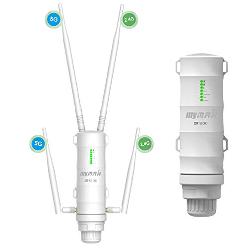 AC1200 Extensor de malla WiFi de largo alcance para exteriores con puerto Ethernet y 4 antenas, MyMAX WN572HP3 de doble banda 1200Mbps punto de acceso exterior resistente a la intemperie, repetidor