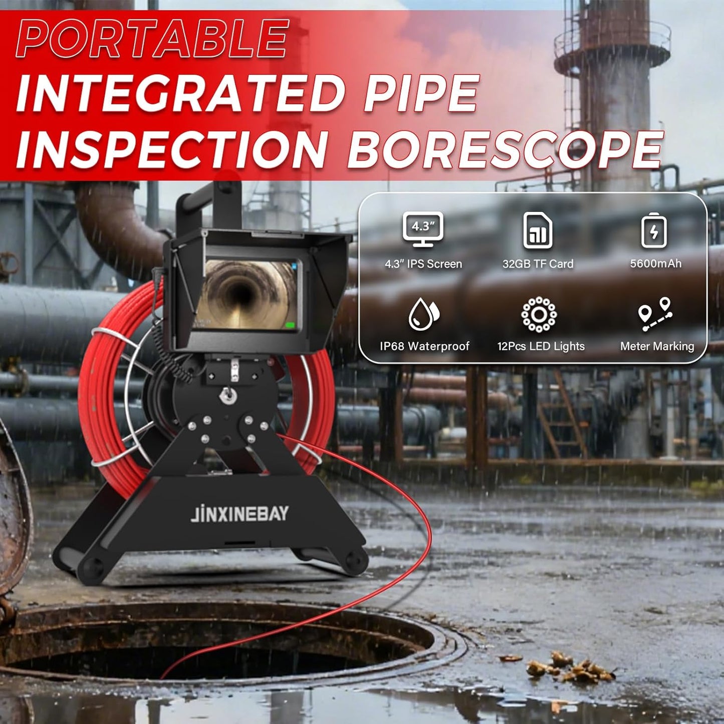 Cámara de inspección de tubería de alcantarillado, monitor IPS de 4.3 pulgadas, tarjeta TF de 16 GB DVR, IP68 1200TVL HD cámara de 98.4 ft/cable de fibra de vidrio de 30m/100 pies, visión