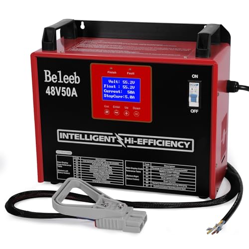 Cargador de batería ajustable de 48 V 50 A, cargador inteligente para baterías de plomo-ácido y litio LiFePO4, cargador cableado de 240 V CA para carretillas elevadoras, carros de golf, BLB-48V50A