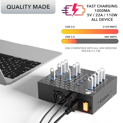 I-Tikol Concentrador divisor USB 3.0 de 20 puertos con fuente de alimentación, transferencia de datos de alta velocidad para computadora de escritorio, laptop, disco duro, PC, expande y acelera hasta 5 Gbps