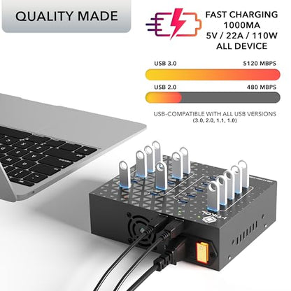 I-Tikol Concentrador divisor USB 3.0 de 20 puertos con fuente de alimentación, transferencia de datos de alta velocidad para computadora de escritorio, laptop, disco duro, PC, expande y acelera hasta 5 Gbps