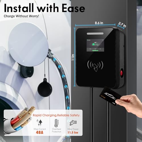 Cargador EV de nivel 2 de 48 amperios, 240 V, 11.5 KW 16 pies estación de carga de vehículos eléctricos con enchufe NEMA 14-50 y aplicación inteligente SAE J1772, carga programada