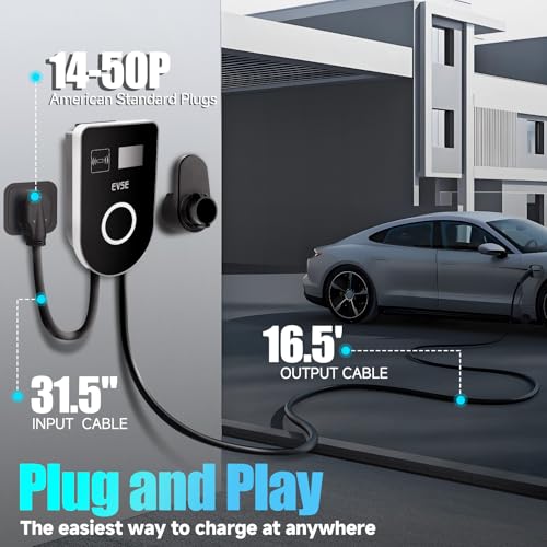 Cargador EV de nivel 2 48Amp 240V, cable de 25 pies, EVSE con conector J1772, enchufe NEMA 14-50, WiFi habilitado, pantalla inteligente, cargador de coche eléctrico con tarjeta RFID Fexhull