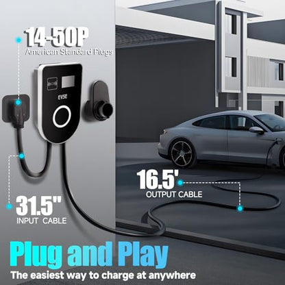 Cargador EV de nivel 2 48Amp 240V, cable de 25 pies, EVSE con conector J1772, enchufe NEMA 14-50, WiFi habilitado, pantalla inteligente, cargador de coche eléctrico con tarjeta RFID Fexhull