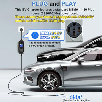 SubSun Cargador universal portátil de nivel 2 para vehículos eléctricos de 50 amperios, 240 V, para todos los vehículos eléctricos de América del Norte, incluye J1772 y Tesla, cable de carga EV de 25 BK50171T25F