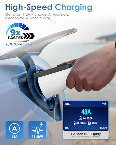 Level 2 EV Charger 48 Amp: 11,5 kW 240 V Cargador de pared con cable para el hogar con LCD de 4,3 pulgadas, cable de 25 pies, carga programada y soporte de pared, conector SAE J1772