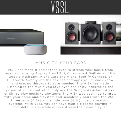 VSSL Amplificador de transmisión de audio A.3X de 6 canales, 3 zonas, compatible con AirPlay 2, Chromecast, Amazon Alexa, Spotify Connect, Bluetooth, amplificador de audio para todo el hogar de 6 canales, controlador de audio multihabitación # A.3x-UVG