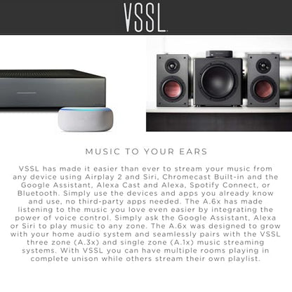 VSSL Amplificador de transmisión de audio A.3X de 6 canales, 3 zonas, compatible con AirPlay 2, Chromecast, Amazon Alexa, Spotify Connect, Bluetooth, amplificador de audio para todo el hogar de 6 canales, controlador de audio multihabitación # A.3x-UVG