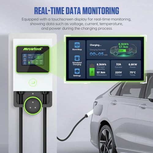 MR CARTOOL EV Charger Type 2 Charging Unit 7kW/32A Electric Car Charger IP65 EV Charging Station with Scheduled Charging, LCD Touchscreen, RFID Card, 8M Cable, Home Wall Mount Rapid Charging Point