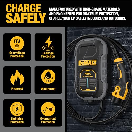 DEWALT Cargador compacto de nivel 2 para vehículos eléctricos cableado, 48 A, 240 V, con control de aplicación, Bluetooth, Wi-Fi, estación de carga EV para montaje en pared 	EV100D-48W2J