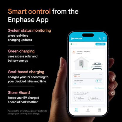 Cargador Enphase IQ EV 2 | Cargador inteligente de nivel 2 de 48A (hasta 11.5 kW, 240 V) | Wi-Fi + Bluetooth | Conexión directa | Certificado UL | Cable de 25 pies | NACS | Para interiores IQ-EVSE-NA-1060-0101-1120