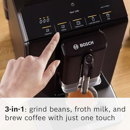 Bosch TIU20109 Serie 300 Máquina espresso totalmente automática con Milk Express (espumador en taza), bebidas a base de leche OneTouch y 5 opciones de bebidas, negro
