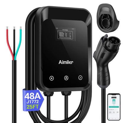Cargador de vehículo eléctrico de nivel 2 (EV) (WiFi APP/Plug-Play), 48A, cable de 25 pies certificado ETL, cable duro de 240 V (sin enchufe) y conector J1772 EVSE EV Estaciones de carga de coche eléctrico para el hogar Nivel 2 (48) - ZB18-U011KBH-F002