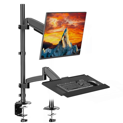 Soporte de escritorio para monitor de pie sentado para pantallas de 17 a 32 pulgadas, brazo articulado de movimiento completo ajustable en altura con bandeja para teclado, monitor de 19.8