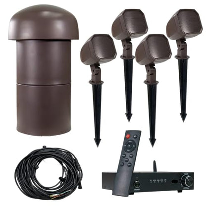 VOLT Sistema de audio para exteriores OHM 4.1 con 4 altavoces satélite, subwoofer y amplificador Bluetooth, proporciona cobertura de hasta 1300 pies cuadrados VAU-KIT3-PBZ