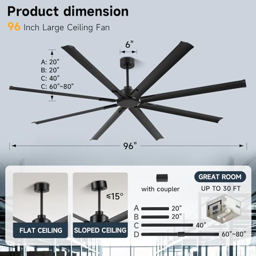 ZOEYON 96IN-Black- Ventilador de techo industrial de 96 pulgadas - Ventilador de techo grande con motor CC, 3 varillas de suspensión, control remoto de 6 velocidades, 8 cuchillas reversibles de aluminio