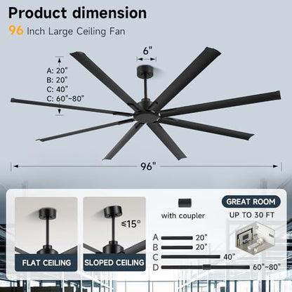 ZOEYON 96IN-Black- Ventilador de techo industrial de 96 pulgadas - Ventilador de techo grande con motor CC, 3 varillas de suspensión, control remoto de 6 velocidades, 8 cuchillas reversibles de aluminio