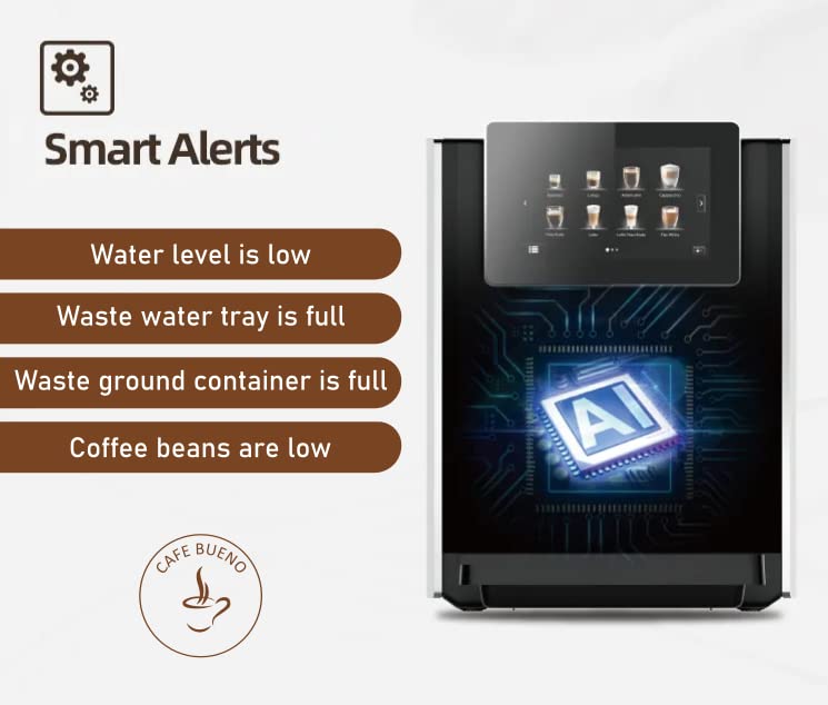Cafe Bueno Máquina de café espresso súper automática - 19 recetas de café, duradera, amoladora, espumador de leche, visualización táctil de 7 pulgadas