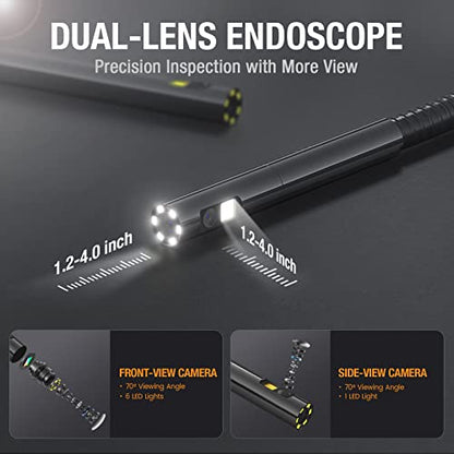 Teslong NTS500 - Endoscopio de doble lente con monitor de 5 pulgadas, cámara de inspección de boroscopio industrial impermeable con lente doble de 0.21 pulgadas frontal y lateral con sonda de 9.8 pies, pantalla LCD IPS de 5 pulgadas y estuche
