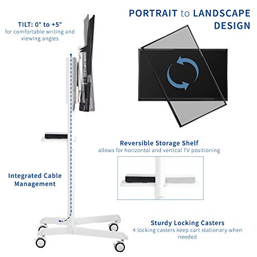 VIVO Carrito de TV móvil premium para pantallas de 32 a 88 pulgadas de hasta 154 libras, Samsung Digital Flipchart, Microsoft Surface Hub 2S, vertical a paisaje, estante, ruedas, VESA máximo de 600 x 400, blanco, STAND-TV02PW