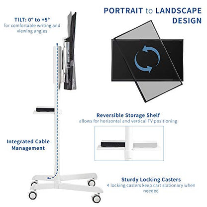 VIVO Carrito de TV móvil premium para pantallas de 32 a 88 pulgadas de hasta 154 libras, Samsung Digital Flipchart, Microsoft Surface Hub 2S, vertical a paisaje, estante, ruedas, VESA máximo de 600 x 400, blanco, STAND-TV02PW