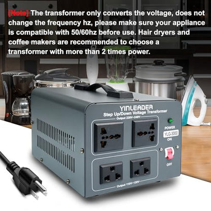 Yinleader Convertidor de voltaje Transformador de 3000 W Convertidor de potencia subida/abajo 110-120V a 220-240V/220-240V a 110-120V, con 2 tomacorrientes universales de EE. UU. y 2 salidas universales, protección de disyuntor YLG-3000