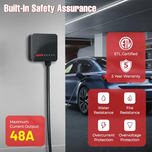 Spark - Cargador eléctrico de nivel 2 de 48 A, 11.5 kW, WiFi inteligente y control de aplicaciones, cable 25 pies, conector universal J1772, certificado UL y ETL AC-0096