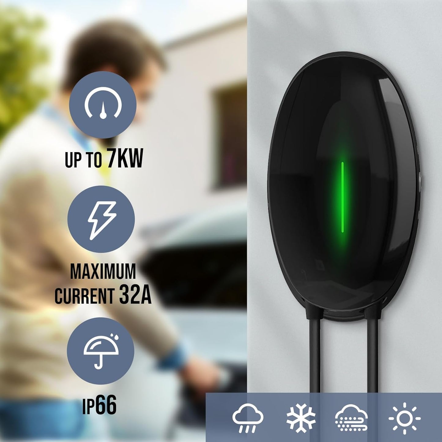 Teskee Cargador EV Tipo 2 Wallbox Home EV estación de Carga de Coche para Todos los vehículos eléctricos y Coches híbridos Plug-in en Exteriores e Interiores | Máximo 7,2 kW 32 A 6 Metros 1 Fase