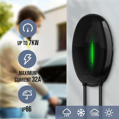 Teskee Cargador EV Tipo 2 Wallbox Home EV estación de Carga de Coche para Todos los vehículos eléctricos y Coches híbridos Plug-in en Exteriores e Interiores | Máximo 7,2 kW 32 A 6 Metros 1 Fase