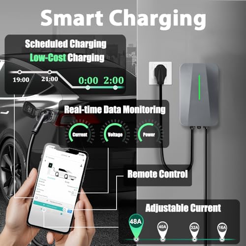 LEISHENG ENERGY Cargador EV de nivel 2 para J1772, cargador de coche eléctrico de 240 V, enchufe NEMA 14-50P 48A, cable de 25 pies, IP65, APP US-SP-115