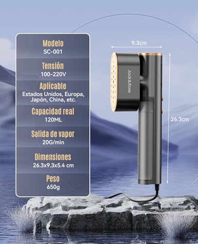 Jack & Rose Vaporizador de viaje para ropa, plancha portátil de 100 a 220 V, calentamiento de 15 segundos, vapor y plancha 2 en 1, tamaño de viaje, panel térmico de cerámica grande, para todo el mundo