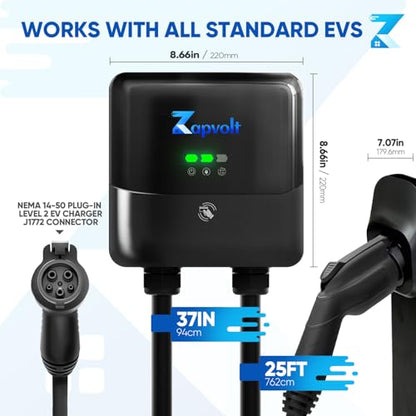 Cargador EV de nivel 2 40Amp 240V 9.6kW - Estación de carga inteligente de pared de 25 pies para el hogar, J1772 NEMA 14-50, con cubierta de puerto de cargador EV impermeable, tarjeta RFID