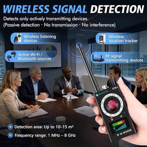 JMDHKK Detector de Cámara Oculta K18+, Buscador de Cámara Espía, Detector de Micrófonos Ocultos, Detector de Campo Magnético, Detector de Dispositivos de Escucha – Herramienta de Protección de